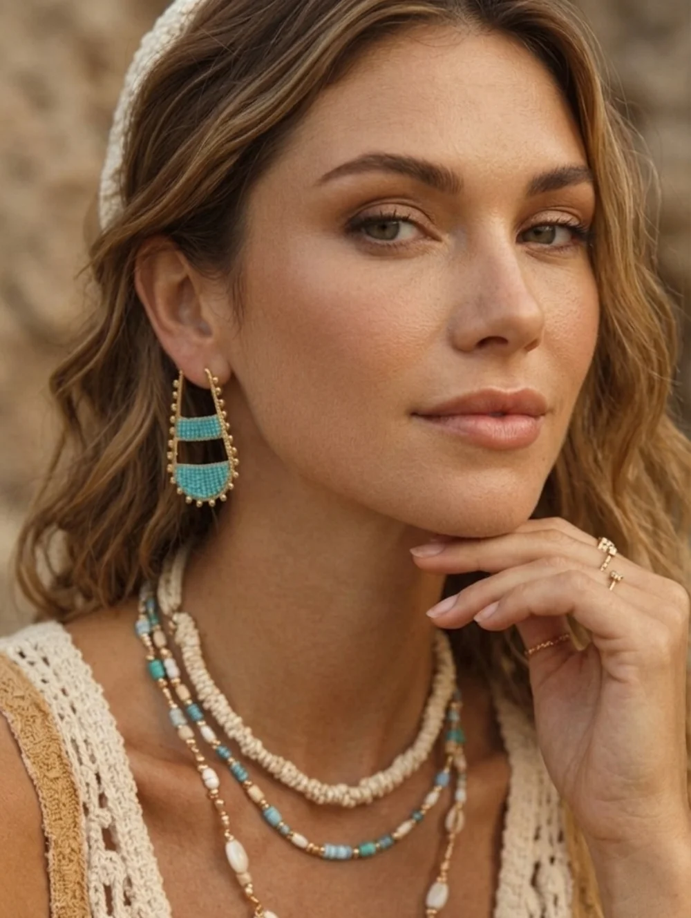 Aqua Turquoise Seed Bead Statement Hoop Earrings Boho Artisan Gold Woven 2